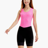 Front-facing view of the HighViz Women’s Reflective Rowing Suit featuring a bright pink reflective top with silver accents and a sleek black athletic bottom for enhanced safety and performance.