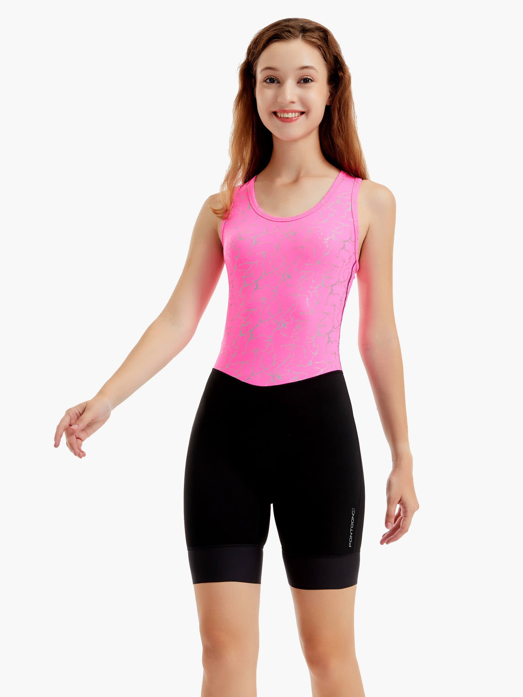 Front-facing view of the HighViz Women’s Reflective Rowing Suit featuring a bright pink reflective top with silver accents and a sleek black athletic bottom for enhanced safety and performance.