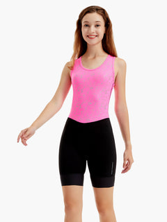 Front-facing view of the HighViz Women’s Reflective Rowing Suit featuring a bright pink reflective top with silver accents and a sleek black athletic bottom for enhanced safety and performance.