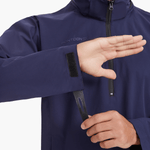 Close-up of the SprayShield Pro Rowing Jacket’s sleeve in navy, showing the adjustable cuff for wind and rain protection while rowing