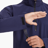 Close-up of the SprayShield Pro Rowing Jacket’s sleeve in navy, showing the adjustable cuff for wind and rain protection while rowing