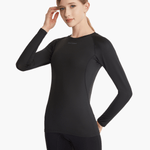 Front view of the SolarShield UVTee Long Sleeve for Ladies in black, featuring SPF 50+ UV protection, water-resistant lightweight fabric, and a stylish fit for rowing and paddling activities.