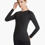 Front view of the SolarShield UVTee Long Sleeve for Ladies in black, featuring SPF 50+ UV protection, water-resistant lightweight fabric, and a stylish fit for rowing and paddling activities.