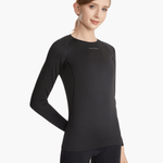 Side view of the SolarShield UVTee Long Sleeve for Ladies in black, highlighting its ergonomic design, breathable fabric, and moisture-wicking properties, perfect for intense rowing sessions.