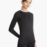 Side view of the SolarShield UVTee Long Sleeve for Ladies in black, highlighting its ergonomic design, breathable fabric, and moisture-wicking properties, perfect for intense rowing sessions.