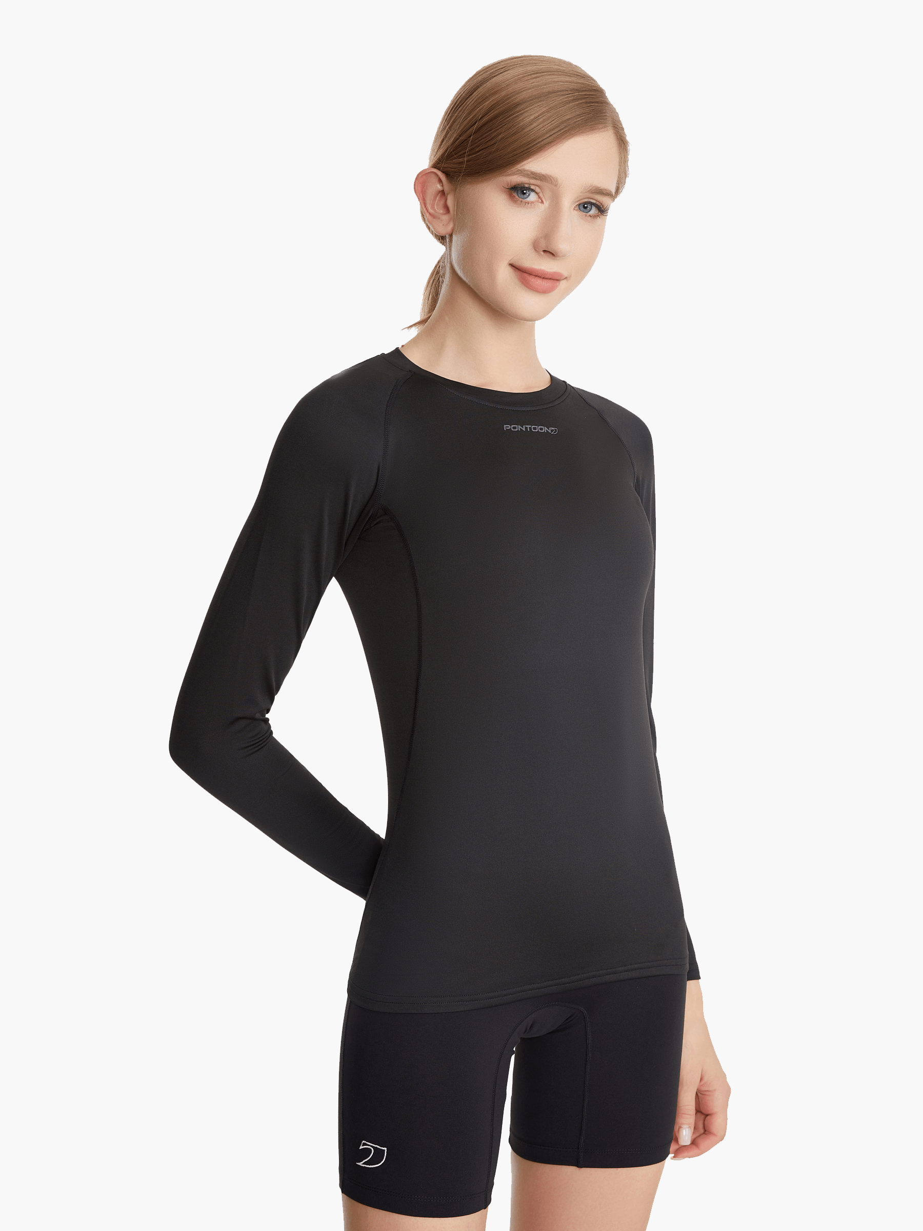 Side view of the SolarShield UVTee Long Sleeve for Ladies in black, highlighting its ergonomic design, breathable fabric, and moisture-wicking properties, perfect for intense rowing sessions.
