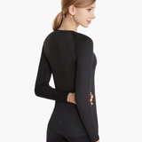 Angled front view of the SolarShield UVTee Long Sleeve for Ladies in black, showcasing its feather-light fabric, long sleeves for enhanced sun protection, and tailored fit for female rowers.