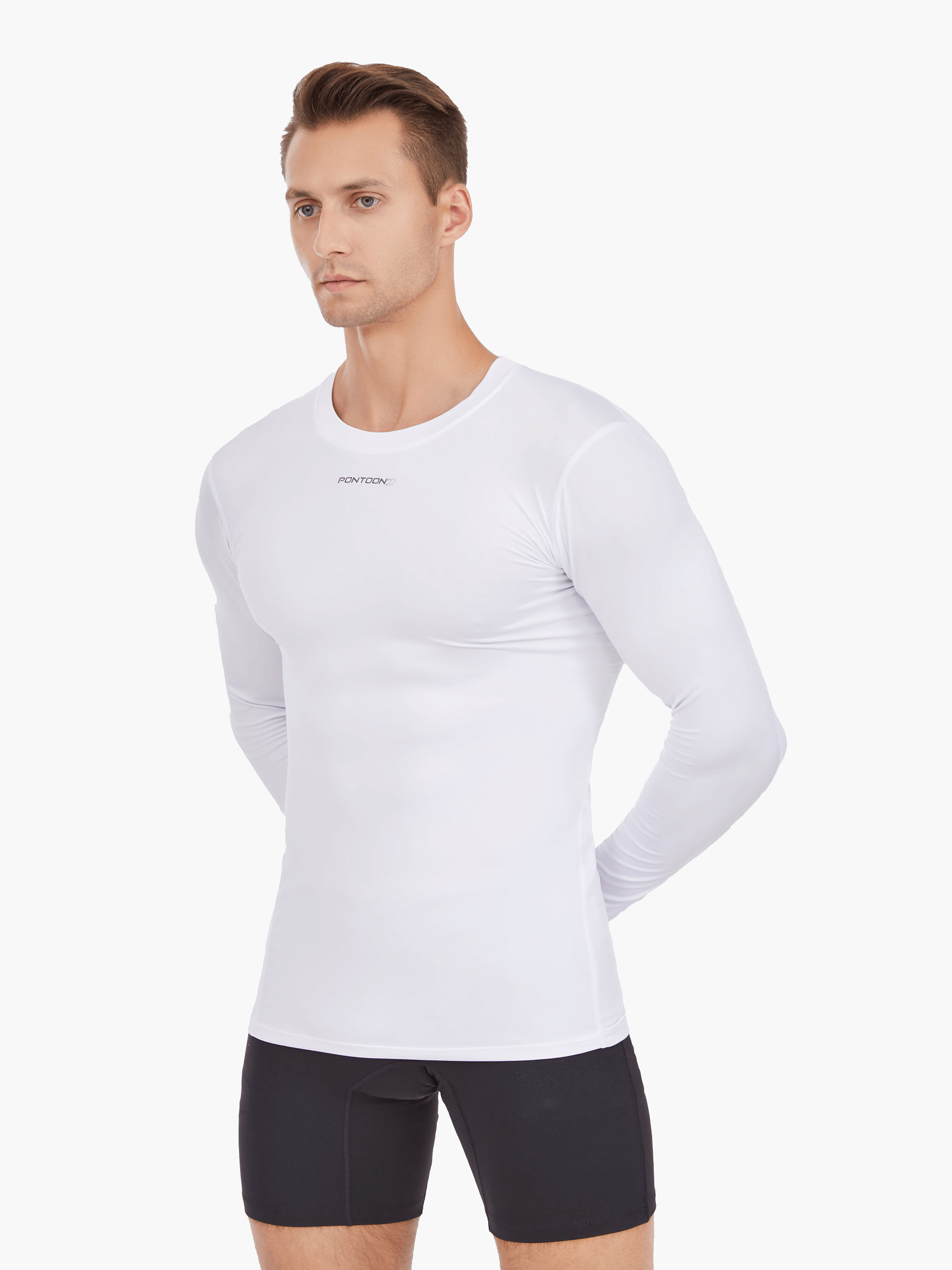 Front view of the Men’s UVTee Long Sleeve Baselayer by Pontoon in white, featuring ultra-lightweight technical fabric, flatlock stitching, and UPF 50+ protection, ideal for rowing and outdoor performance.