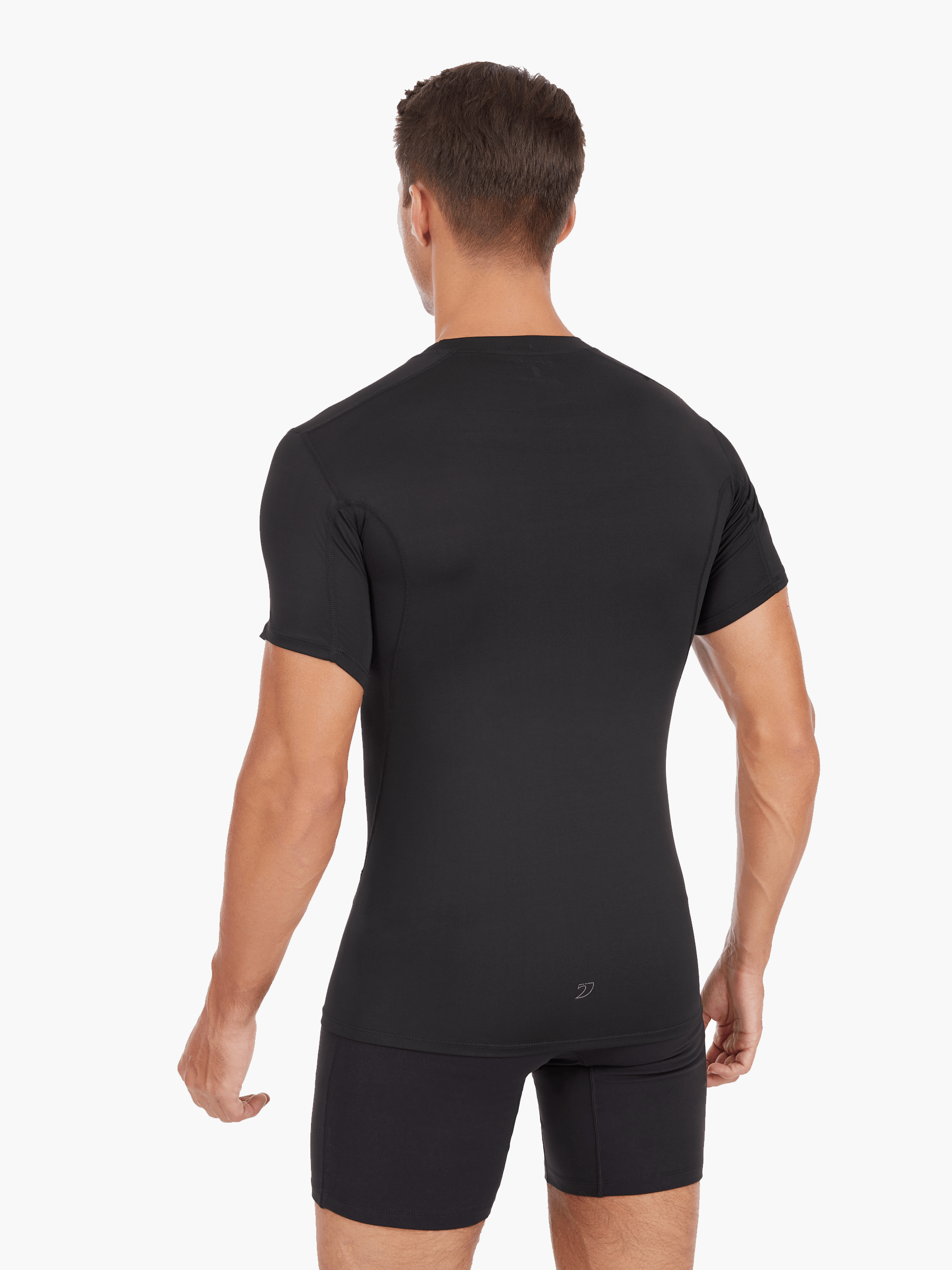 Back view of the Men’s UVTee Lightweight Baselayer in black, emphasizing its seamless construction, advanced UV protection, and lightweight fabric for intense rowing sessions.