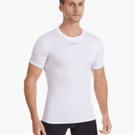 Side view of the Men’s UVTee Lightweight Baselayer in white, highlighting its ergonomic fit, friction-free flatlock stitching, and moisture-wicking fabric for maximum comfort during rowing.