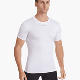 Side view of the Men’s UVTee Lightweight Baselayer in white, highlighting its ergonomic fit, friction-free flatlock stitching, and moisture-wicking fabric for maximum comfort during rowing.