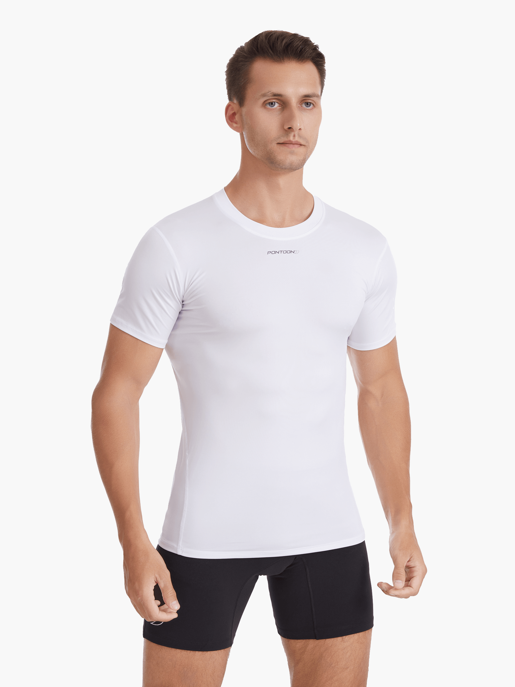Side view of the Men’s UVTee Lightweight Baselayer in white, highlighting its ergonomic fit, friction-free flatlock stitching, and moisture-wicking fabric for maximum comfort during rowing.