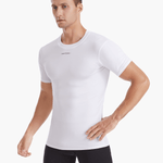Angled front view of the Men’s UVTee Lightweight Baselayer by Pontoon, emphasizing its lightweight construction, breathable design, and form-fitting style for unrestricted rowing performance.