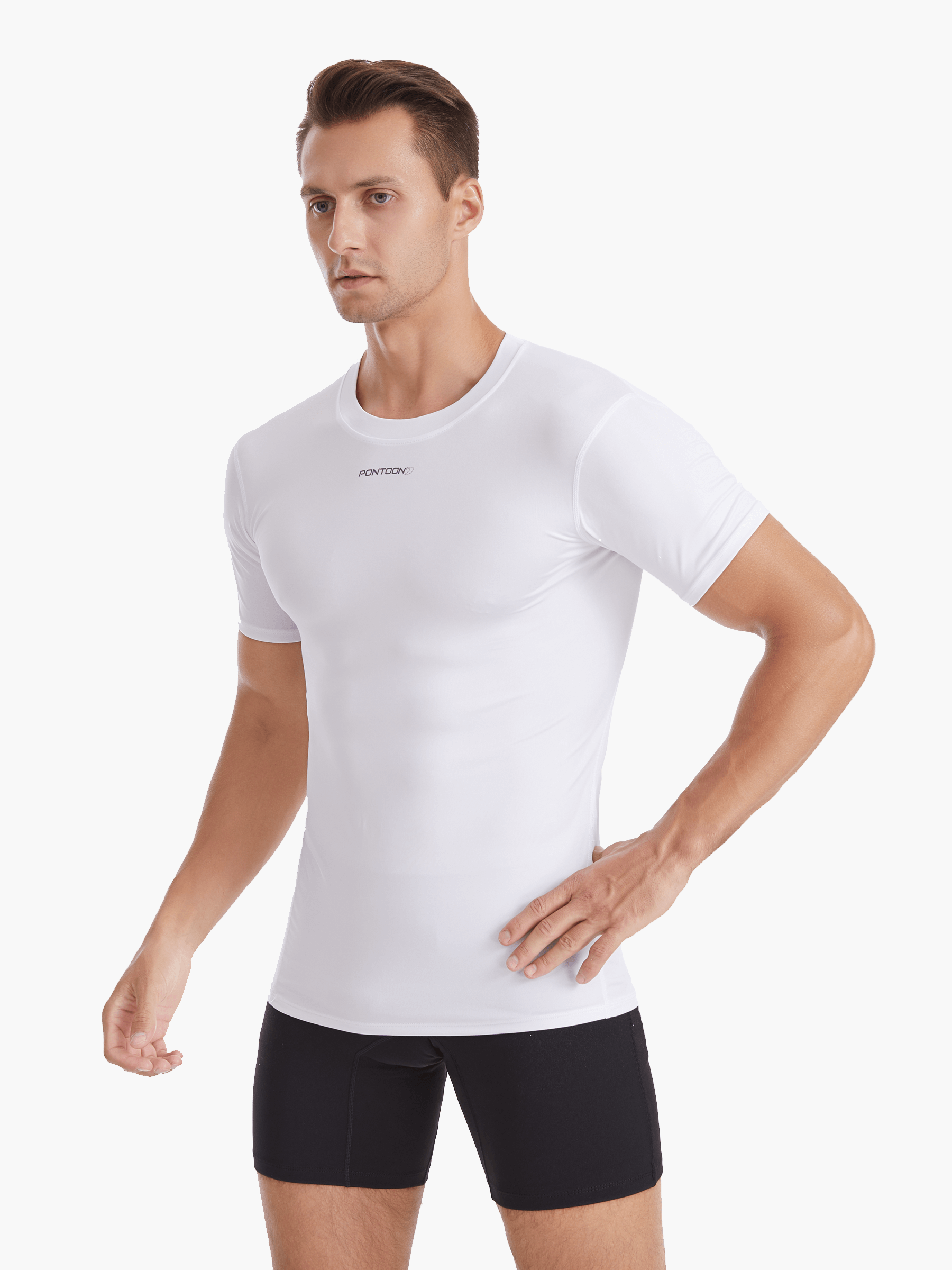 Angled front view of the Men’s UVTee Lightweight Baselayer by Pontoon, emphasizing its lightweight construction, breathable design, and form-fitting style for unrestricted rowing performance.