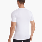 Back view of the Men’s UVTee Lightweight Baselayer in white, showcasing seamless construction and advanced UV protection for rowers during intense outdoor sessions.