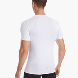 Back view of the Men’s UVTee Lightweight Baselayer in white, showcasing seamless construction and advanced UV protection for rowers during intense outdoor sessions.