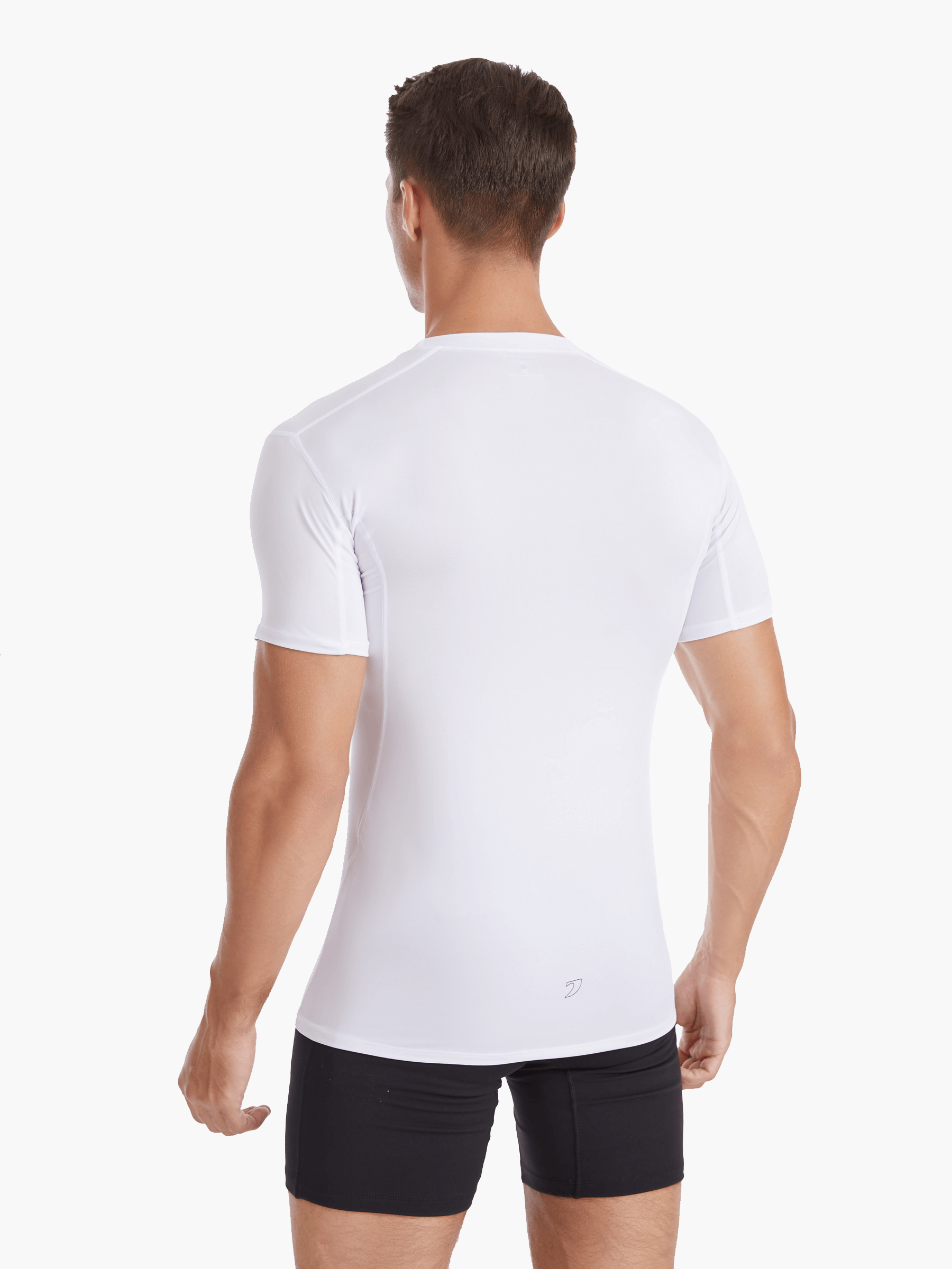 Back view of the Men’s UVTee Lightweight Baselayer in white, showcasing seamless construction and advanced UV protection for rowers during intense outdoor sessions.
