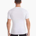 Angled back view of the Men’s UVTee Lightweight Baselayer in white, highlighting seamless fabric construction and enhanced airflow for rowers in hot conditions.