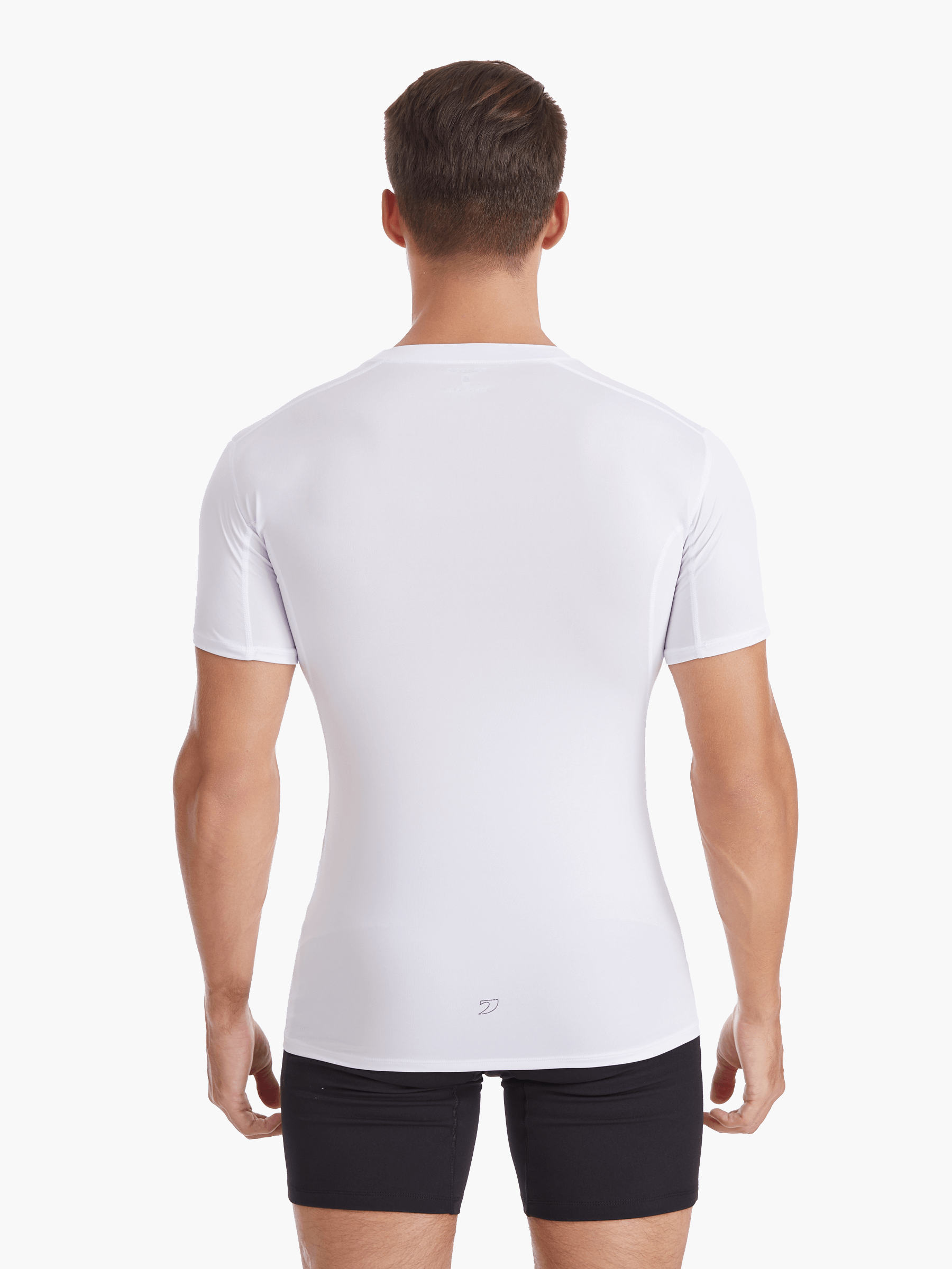 Angled back view of the Men’s UVTee Lightweight Baselayer in white, highlighting seamless fabric construction and enhanced airflow for rowers in hot conditions.