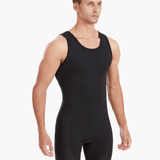 Front view of the Pontoon Performance AIO in black, emphasising the minimalist design, double-lined seat, and technical performance fabric designed for rowers.