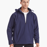 Front view of the SprayShield Pro Rowing Jacket in navy with the hood down, emphasizing its ergonomic design and high-cut front for unrestricted movement during rowing.