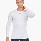 Side view of the Men’s UVTee Long Sleeve Baselayer with a model with his hand behind his neck, highlighting friction-free flatlock stitching and a tailored fit for unrestricted movement during rowing.