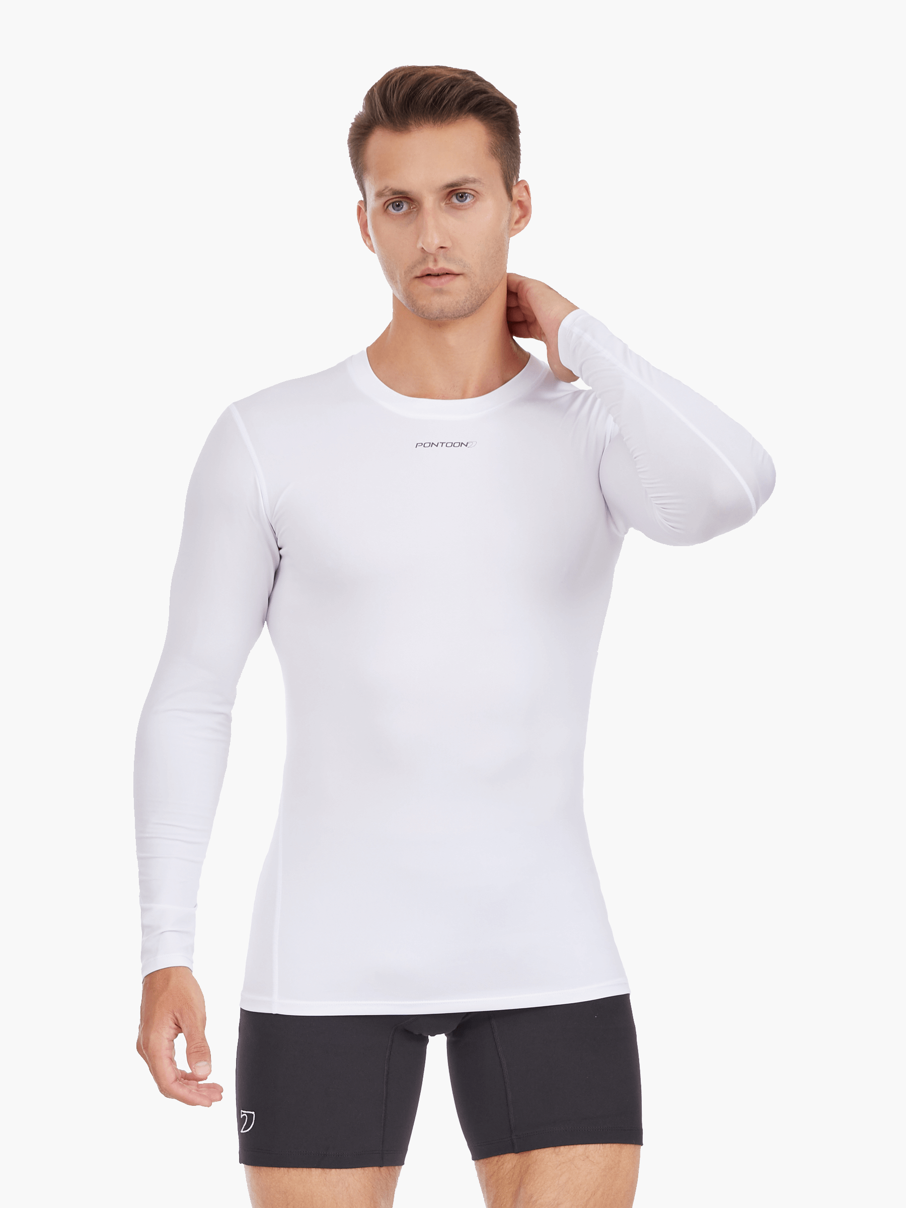 Side view of the Men’s UVTee Long Sleeve Baselayer with a model with his hand behind his neck, highlighting friction-free flatlock stitching and a tailored fit for unrestricted movement during rowing.