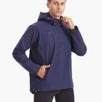 Front view of the SprayShield Pro Rowing Jacket in navy, featuring a fold-away hood, ergonomic fit, and 5000mm waterproof fabric designed for rowing and paddling.