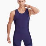 Front view of the Pontoon Performance Rowing Suit, also called a Unisuit, Zootie, or AIO, in navy, featuring a minimalist design with flat lock stitching and performance contouring for rowers.