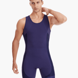 Front view of the Pontoon Performance Rowing Suit, also called a Unisuit, Zootie, or AIO, in navy, featuring a minimalist design with flat lock stitching and performance contouring for rowers.