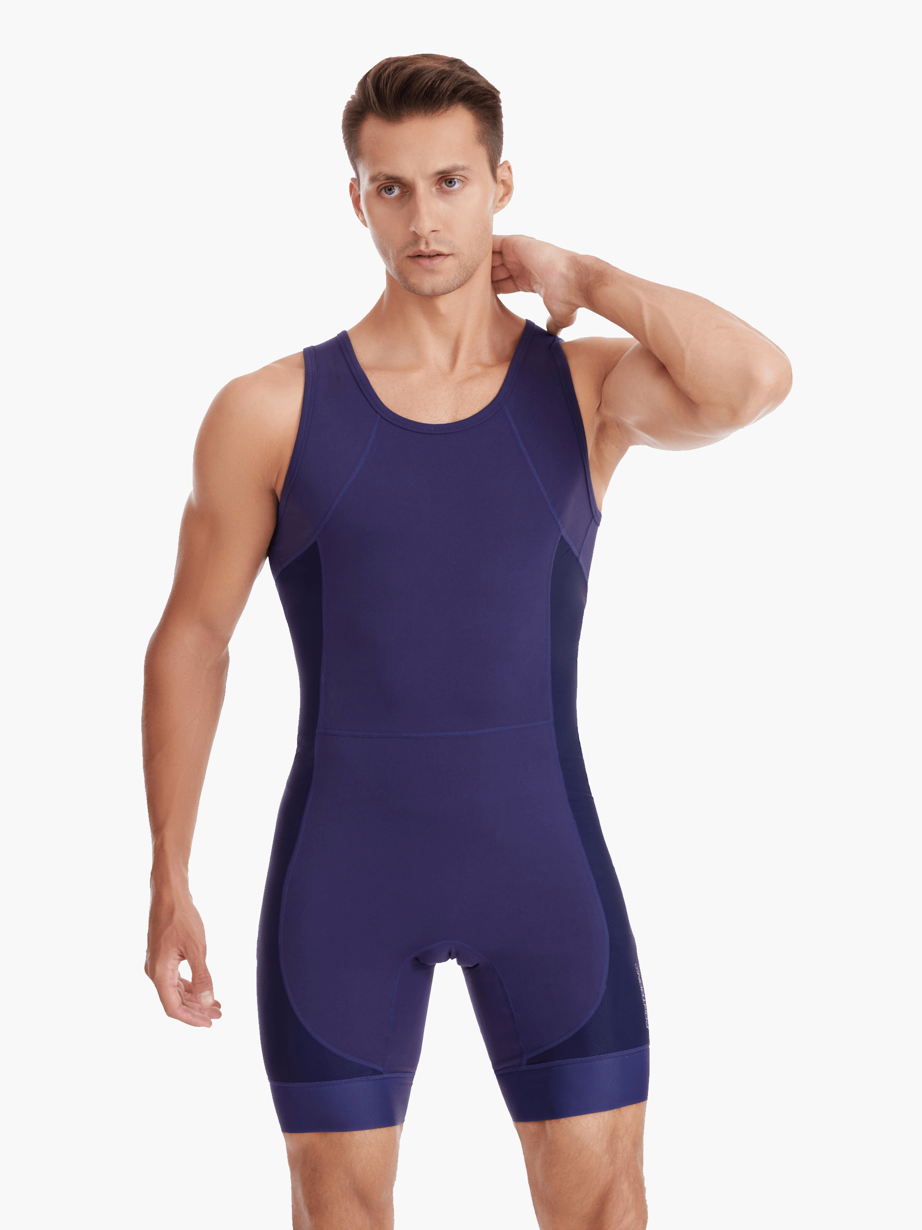 Front view of the Pontoon Performance Rowing Suit, also called a Unisuit, Zootie, or AIO, in navy, featuring a minimalist design with flat lock stitching and performance contouring for rowers.