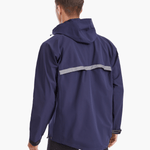 Back view of the SprayShield Pro Rowing Jacket in navy, showcasing the high-visibility reflective strip on the back flap for enhanced safety during rowing in low-light conditions.