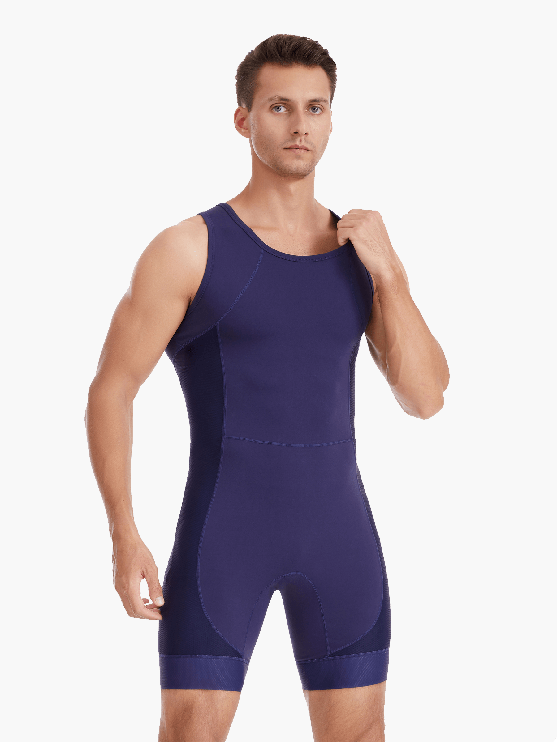 Angled front view of the Pontoon Performance AIO, highlighting its moisture-wicking fabric, minimalist design, and ergonomic fit for competitive rowers.