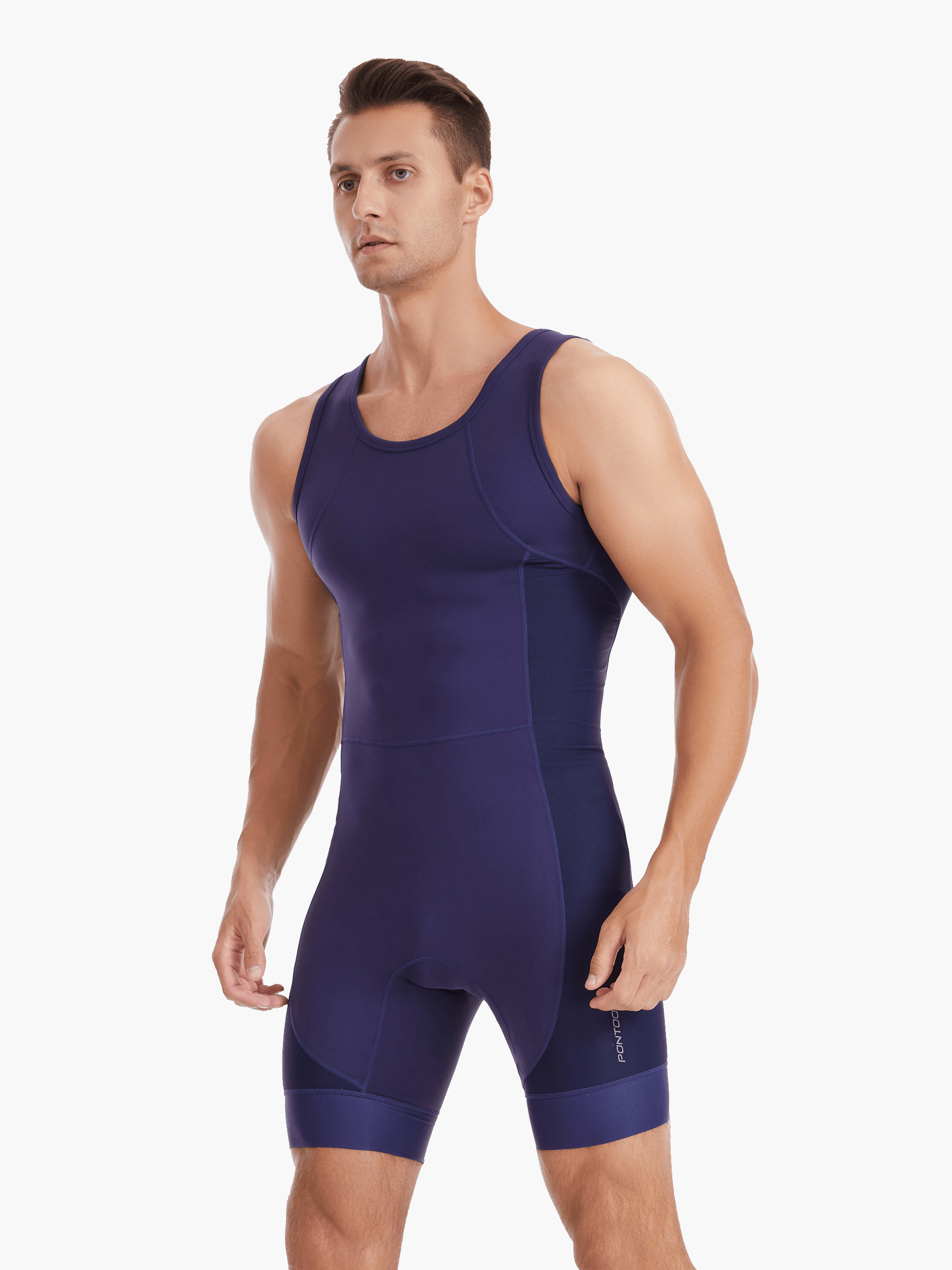 Side view of the Pontoon Performance Unisuit, showcasing over-the-shoulder straps, silicone leg grippers, and a sleek fit designed for elite rowing performance.