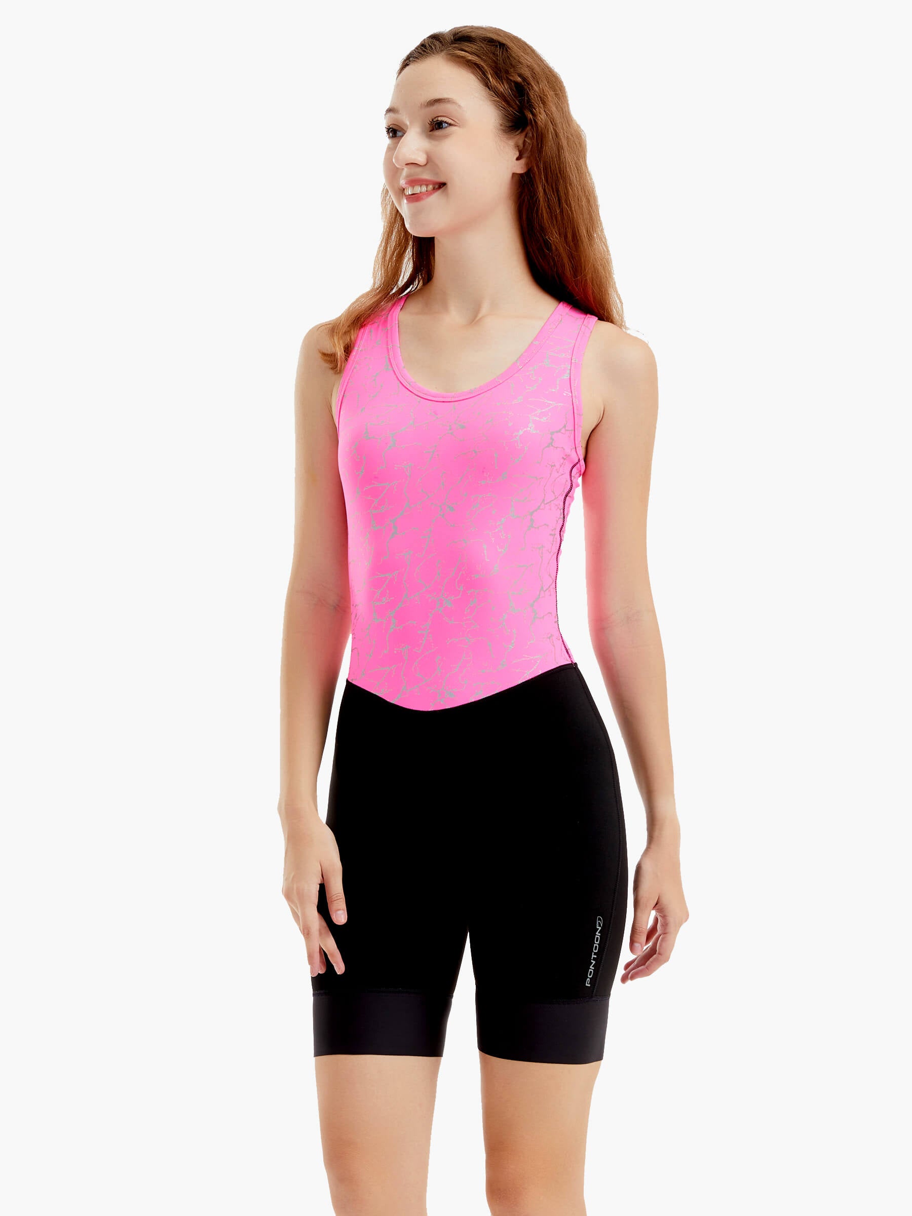 HighViz Women’s Reflective Rowing Unisuit with a bright pink top featuring silver high-visibility reflective material and sleek black bottom, designed for safety and performance.