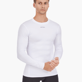 Front view of the Men’s UVTee Long Sleeve Baselayer in white, emphasizing its ergonomic fit, moisture-wicking properties, and athletic design for peak rowing performance.