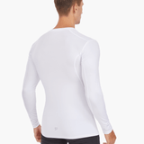 Back view of the Men’s UVTee Long Sleeve Baselayer in white, showcasing a sleek, form-fitting design with enhanced breathability and sun protection for rowers.