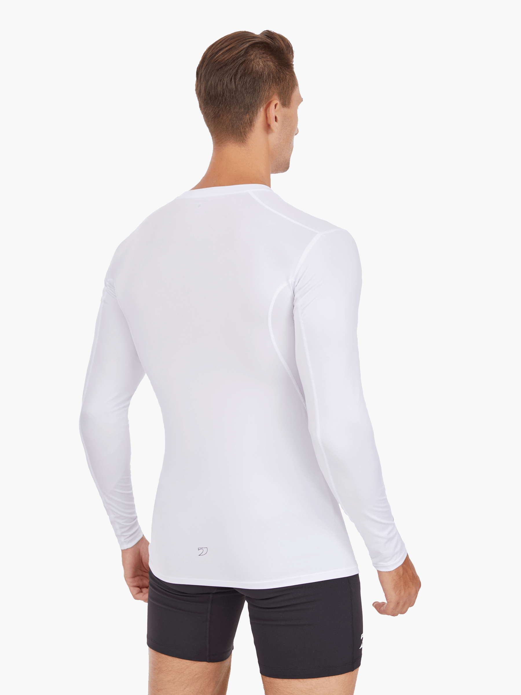 Back view of the Men’s UVTee Long Sleeve Baselayer in white, showcasing a sleek, form-fitting design with enhanced breathability and sun protection for rowers.