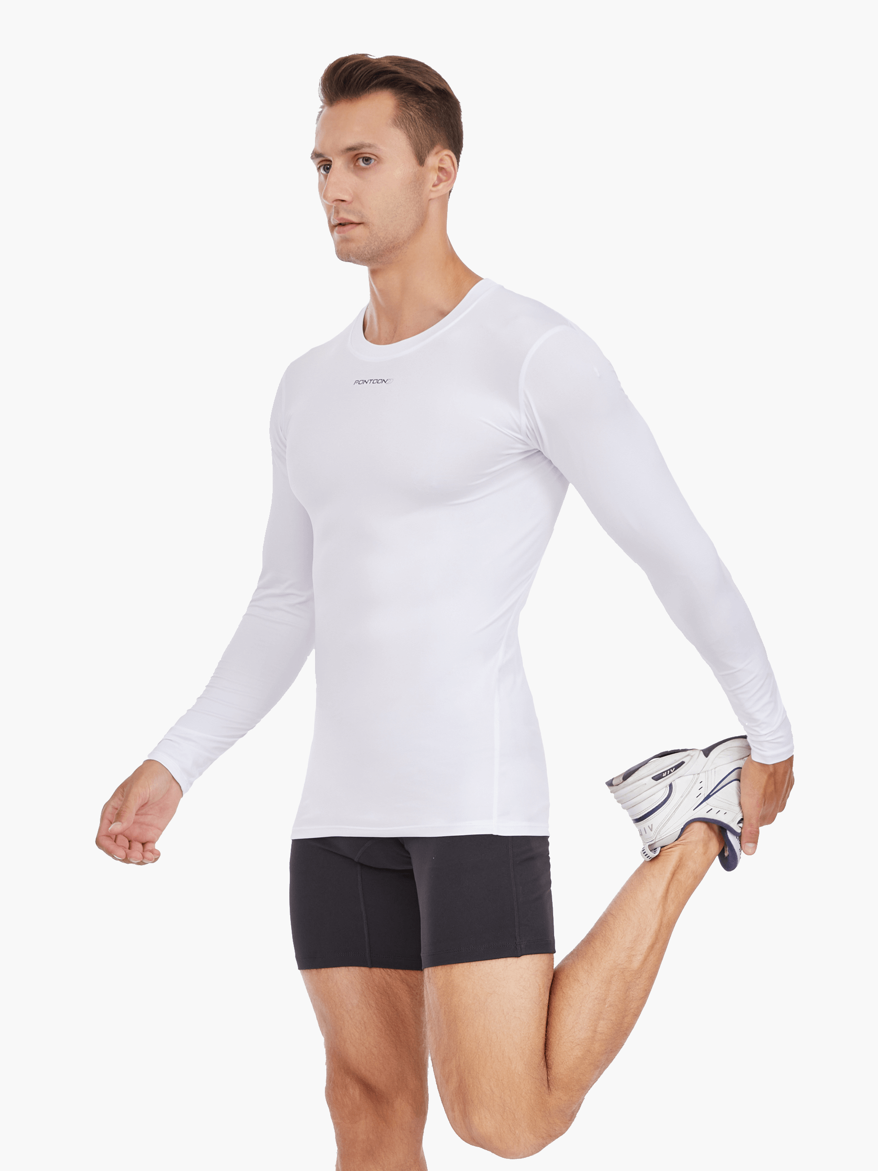 Side view of the Men’s UVTee Long Sleeve Baselayer in white, with the model stretching, highlighting its flexibility, lightweight construction, and suitability for rowing training sessions.