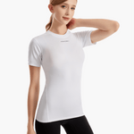 Angled front view of the SolarShield UVTee for Ladies in white, showcasing its moisture-wicking properties, seamless construction, and stylish fit designed for female rowers.
