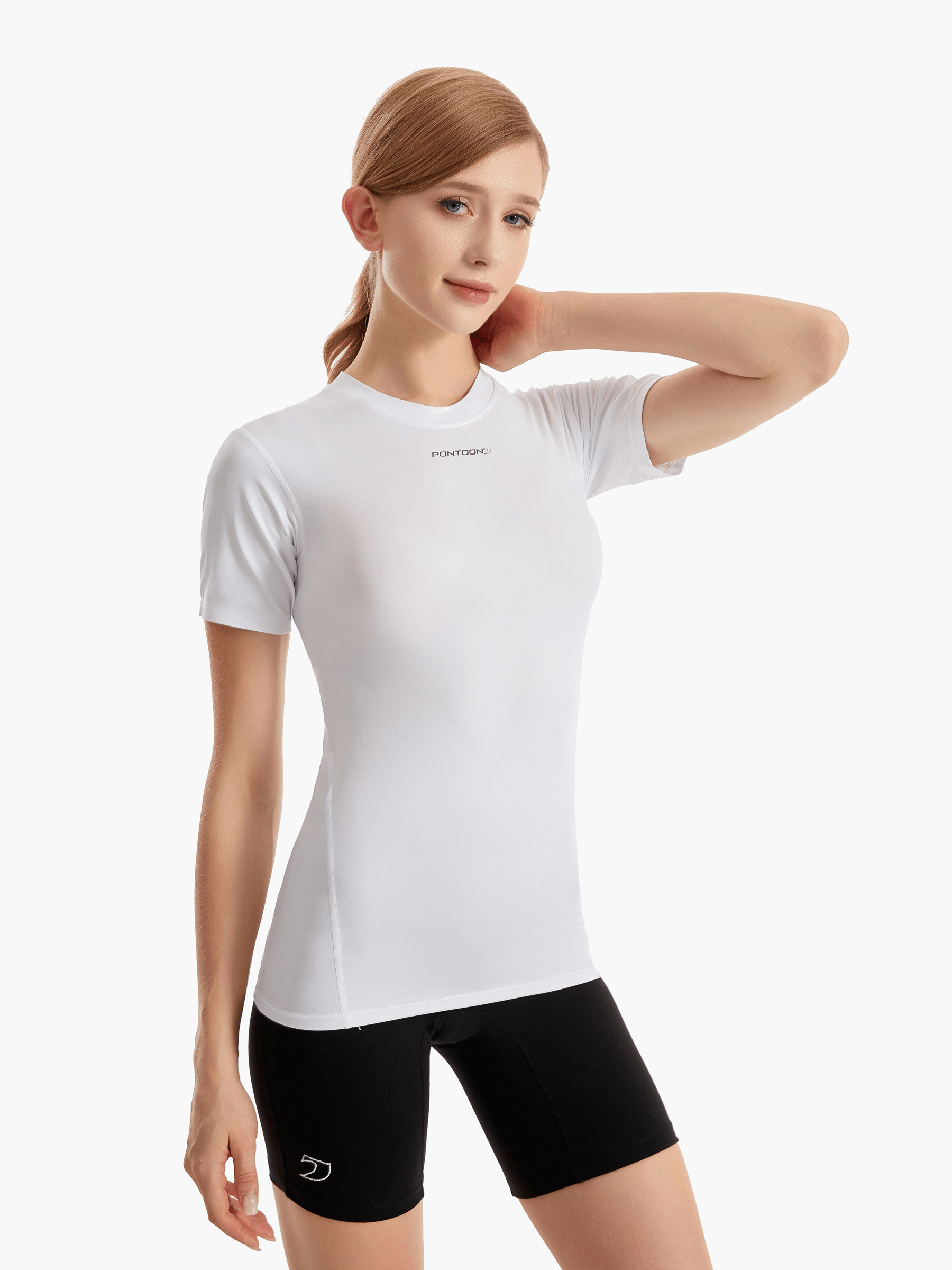 Angled front view of the SolarShield UVTee for Ladies in white, showcasing its moisture-wicking properties, seamless construction, and stylish fit designed for female rowers.