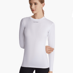 Side view of the SolarShield UVTee Long Sleeve for Ladies in white, showcasing its ergonomic design, moisture-wicking fabric, and breathable construction for outdoor rowing activities.