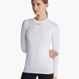 Side view of the SolarShield UVTee Long Sleeve for Ladies in white, showcasing its ergonomic design, moisture-wicking fabric, and breathable construction for outdoor rowing activities.