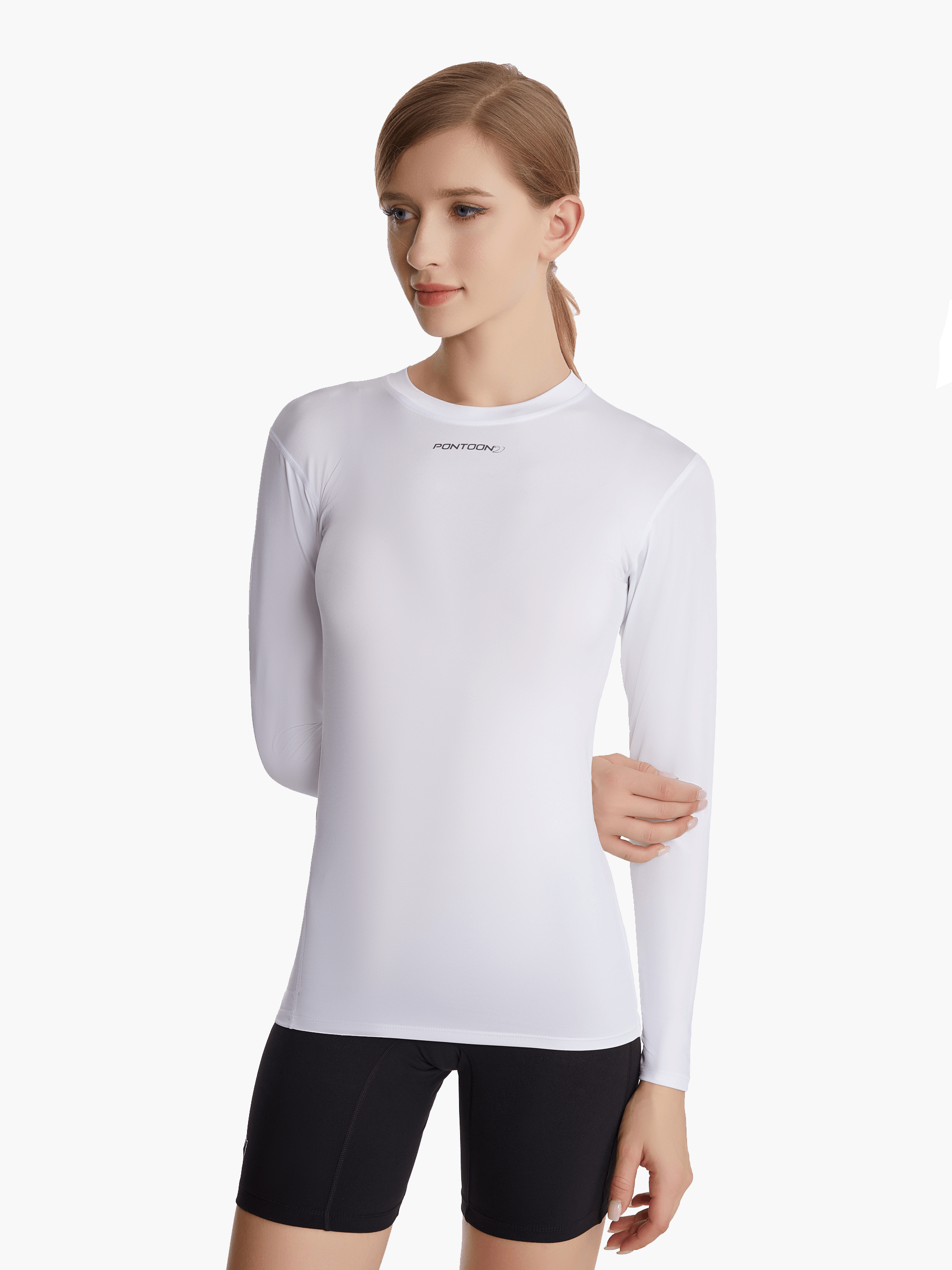 Side view of the SolarShield UVTee Long Sleeve for Ladies in white, showcasing its ergonomic design, moisture-wicking fabric, and breathable construction for outdoor rowing activities.