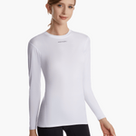 Front view of the SolarShield UVTee Long Sleeve for Ladies in white, featuring lightweight, water-resistant fabric, SPF 50+ UV protection, and a comfortable fit for rowing and paddling.