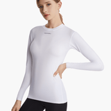 Angled front view of the SolarShield UVTee Long Sleeve for Ladies, highlighting its lightweight design, long sleeves for enhanced sun protection, and stylish fit tailored for female rowers.