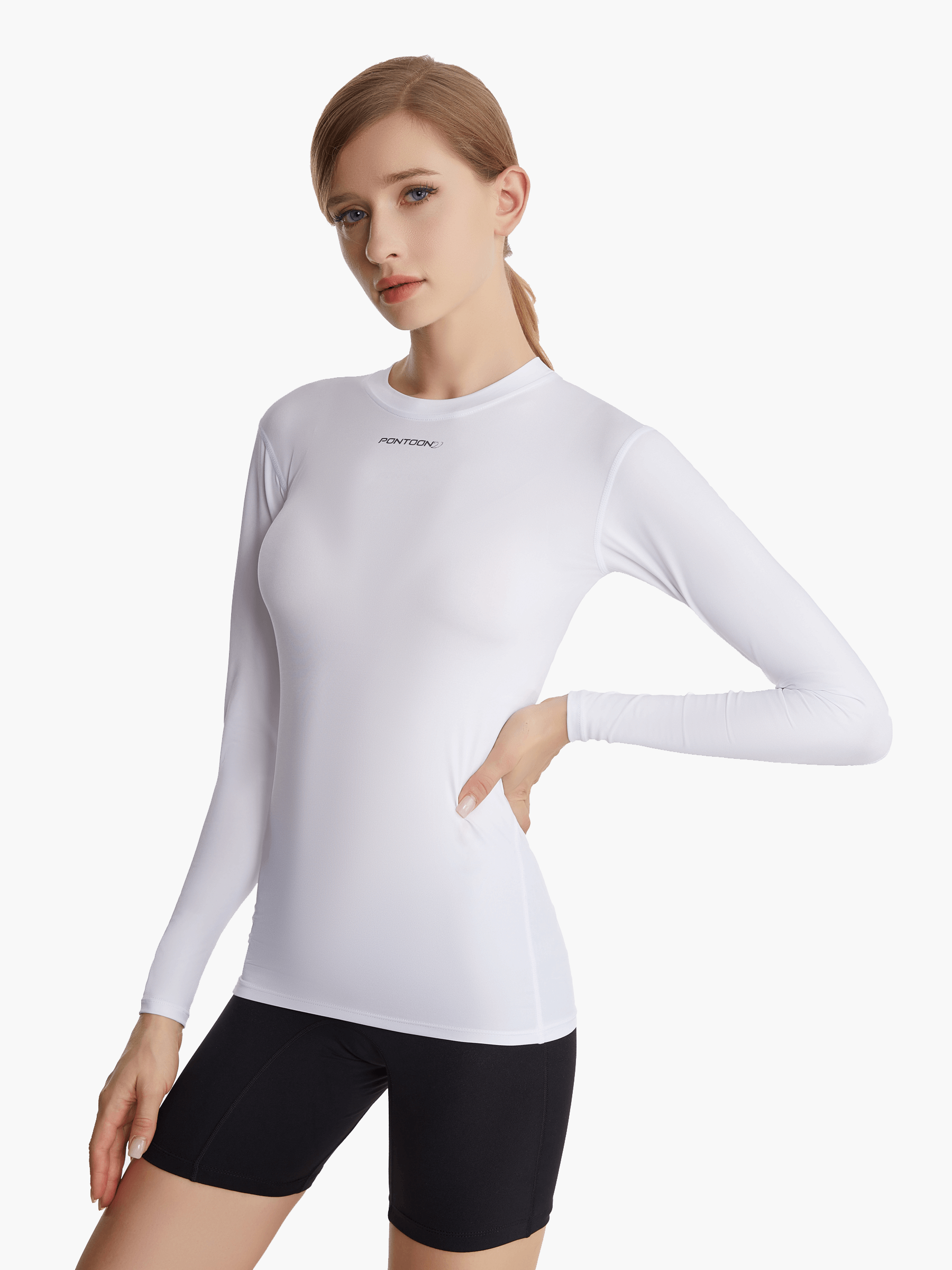 Angled front view of the SolarShield UVTee Long Sleeve for Ladies, highlighting its lightweight design, long sleeves for enhanced sun protection, and stylish fit tailored for female rowers.