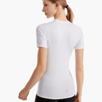 Back view of the SolarShield UVTee for Ladies in white, emphasizing its water-resistant material, SPF 50+ protection, and performance-oriented design for rowing and paddling.