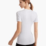 Back view of the SolarShield UVTee for Ladies in white, emphasizing its water-resistant material, SPF 50+ protection, and performance-oriented design for rowing and paddling.