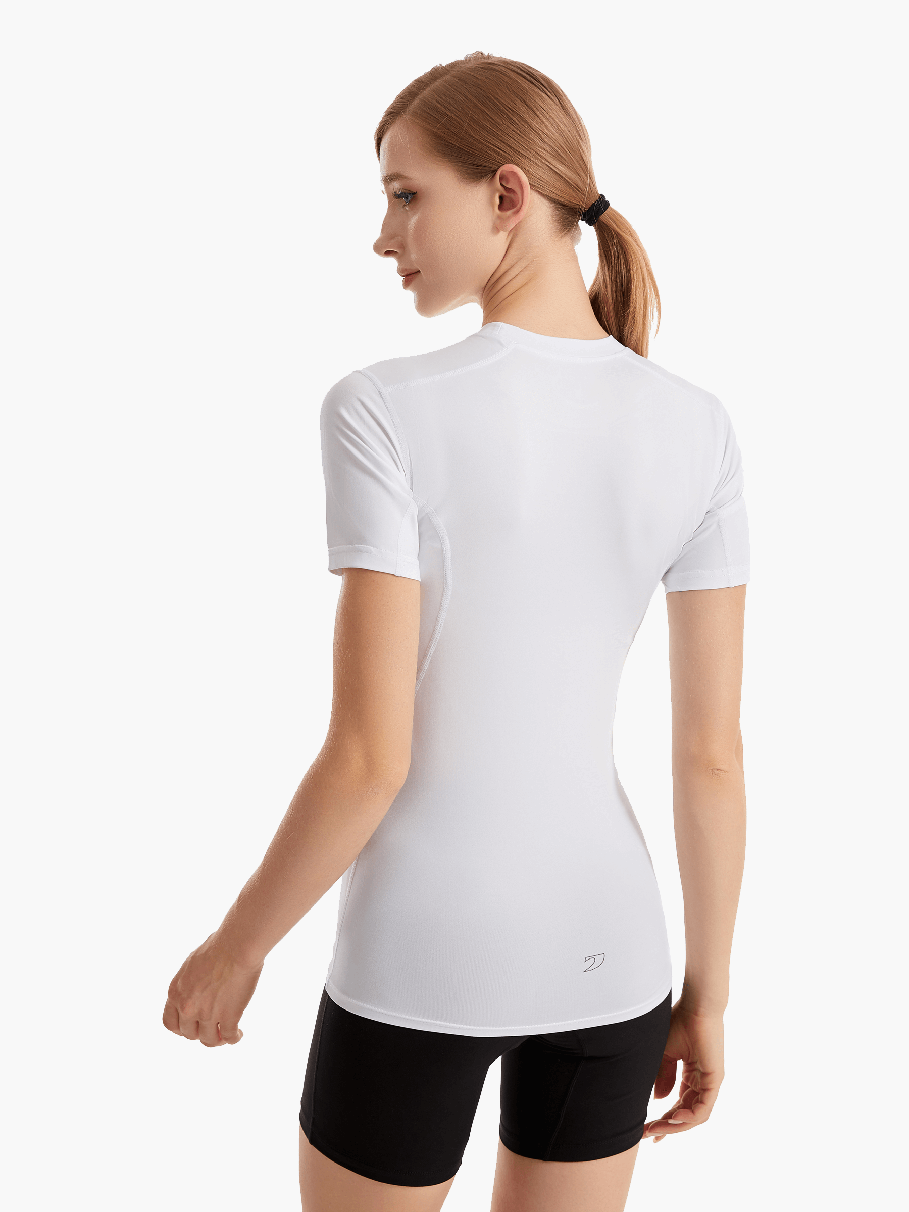 Back view of the SolarShield UVTee for Ladies in white, emphasizing its water-resistant material, SPF 50+ protection, and performance-oriented design for rowing and paddling.